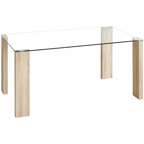 Home Heavenly® - Mesa comedor de cristal CANNES. 140x90 cm. Mesa cristal rectangular con 4 patas de líneas rectas.  Color: Pata Roble