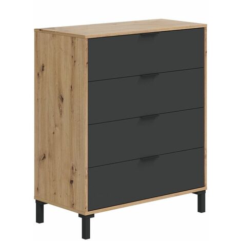Home Heavenly® - Cómoda dormitorio 4 cajones ELDA. Cajonera alta mucho almacenaje. 94x77,5x40 cm.  Color: Roble Nodi - Antracita