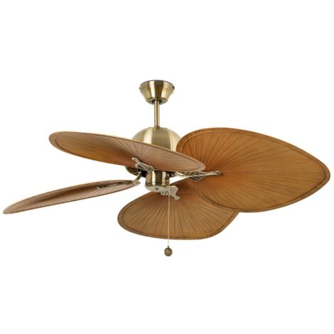 Faro Barcelona – Ventilateur de plafond sans lumière – Acier finition laiton satiné – Pales ABS marron – 3 vitesses – Fonction inverse – Pour plafond incliné – 176–28 m² – 33352B