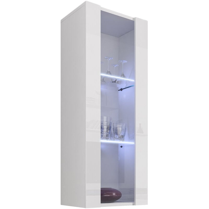 Vetrina Salotto con LED Mobile Soggiorno Sala da Pranzo Sospeso Stilo  Moderno Vetrinetta Pensile 1 ante 3 scomparti 40x126x29cm Modello Nora V2  Bianco Finitura Lucida