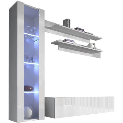 Mobile da Soggiorno con LED  Mobile TV Parete  Composizione Set Salotto  220cm  Modello Nora 2  Bianco Finitura Lucida