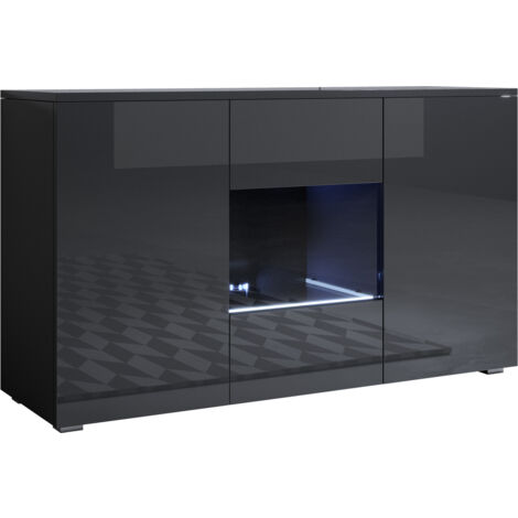 Credenza con piedini 2cm 2 ante Luce LED Madia Moderna Mobile Sala da Pranzo 120x72x40cm Modello Luke A2 Nero Finitura Lucida
