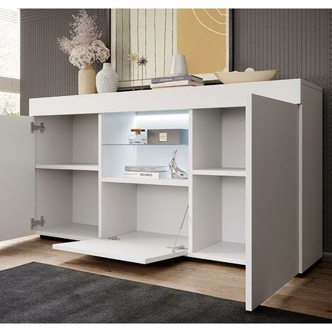 Credenza con LED  Madia Moderna Soggiorno  Mobiletto  Sala da Pranza  Buffet  Cucina  135x73x34cm  Modello Sefora  Bianco Finitura Lucida