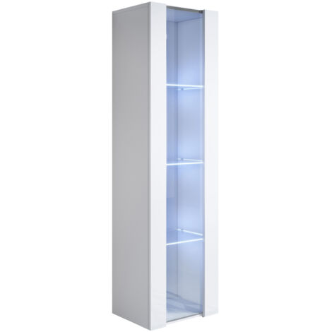 Vetrina Sospesa con LED Mobile Soggiorno Moderno Salotto Vetrinetta pensile 40x165x28 Modello Luke V5 Bianco lucido