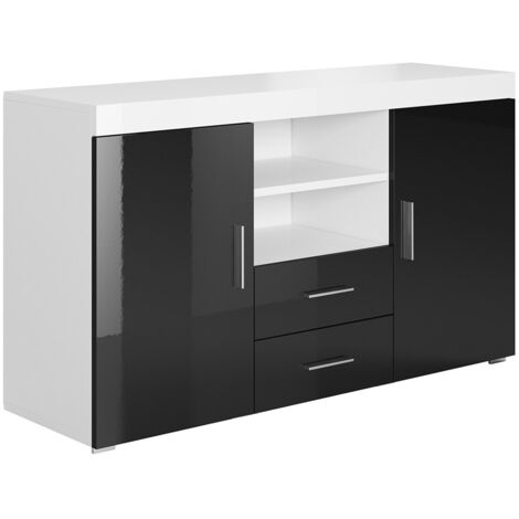 Credenza 2 ante e 2 Cassetti  Madia Moderna  Mobile  Sala da Pranzo  140x80x40cm  Modello Roque  Bianco e Nero Finitura Lucida