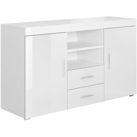 Credenza 2 ante e 2 Cassetti  Madia Moderna  Mobiletto  Sala da Pranza  Buffet  Cucina  140x80x40cm  Modello Roque  Bianco Finitura Lucida