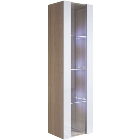 Vetrina Sospesa con LED Mobile Soggiorno Moderno Salotto Vetrinetta pensile 40x165x28 Modello Luke V5 Sonoma opaco e Bianco lucido