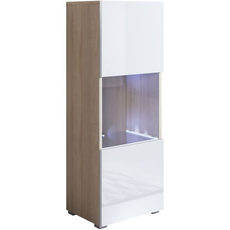Vetrina con Piedini 2cm e LED Mobile Soggiorno Moderno Salotto Vetrinetta pensile 40x128x28 Modello Luke V3 Sonoma opaco e Bianco lucido