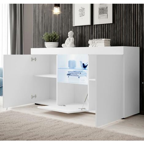 Credenza 3 ante con LED  Madia Moderna  Mobile soggiorno  Sala da Pranzo  150x83x40cm  Modello Natolia  Bianco Finitura Opaca