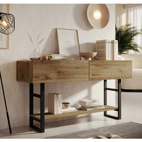 Consolle Ingresso Industriale - Tavolo Con 2 Ripiani, Legno E Metallo, 99x27x79cm, Marrone, Salvaspazio - Foto 2