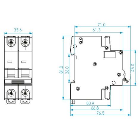Disjoncteur modulaire 2P, 6kA, 20A, Courbe C