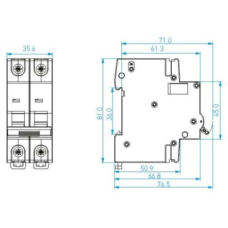 Disjoncteur modulaire 2P, 6kA, 50A, Courbe C