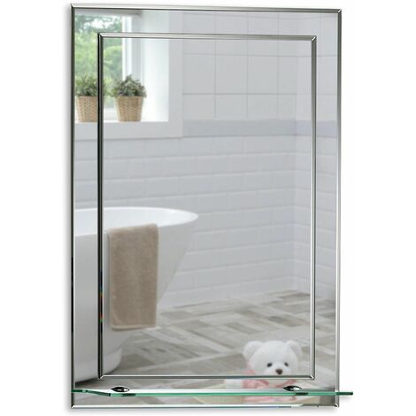 Magnifique miroir de salle de bain rectangulaire avec étagère taillé en biseau moderne et élégant double couche de verre mural 70CM X 50CM 