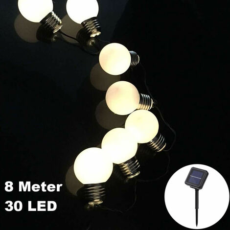 30 LED / 8 Meter Solar Lichterkette Glühbirnen Matt Deko Warm-Weiß Solarbetrieben zum Schmücken Deko Party Licht Beleuchtung