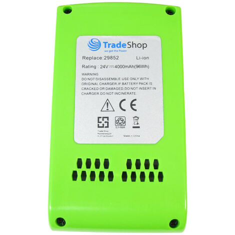Trade-Shop 2in1 Set: Li-Ion Akku 24V 4000mAh + Ladegerät kompatibel mit Greenworks 24352 G24 G-24 G24AB G24CS25 G24CSK2 G24HT G24HT56 G24LT28 G24PH51