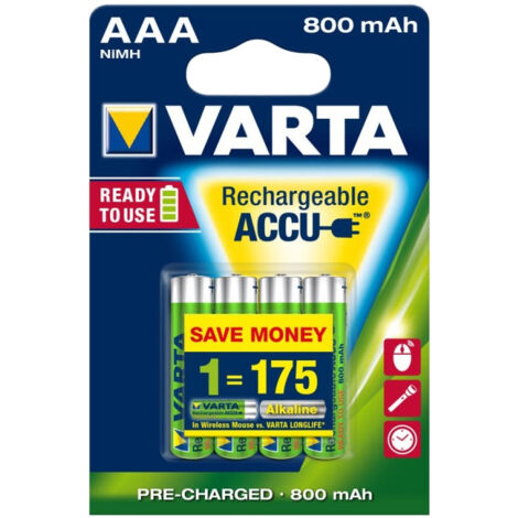 4x 800mAh AAA Akkus Varta Aufladbare Batterien Micro Akku Ni-MH für Solarleuchten, Lichterkette, Taschenlampe / vorgeladen, geringe Selbstentladung