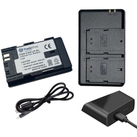 2in1 Set: 2-fach Ladegerät Micro-USB Typ-C + Li-Ion Akku (7,2V / 2600mAh) kompatibel mit Canon LP-EL DS401231 LC-E6 LC-E6E EL-1 EL-5 Speedlite (1/4)