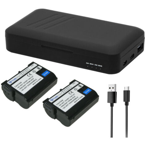 Trade-Shop 3in1 Set: 2x Akku 1900mAh + Dual-Ladegerät USB-C USB-A mit Powerbank-Funktion kompatibel mit Nikon 1 V1, D7000, D7100, D7200, D7500, D8000 (1/5)