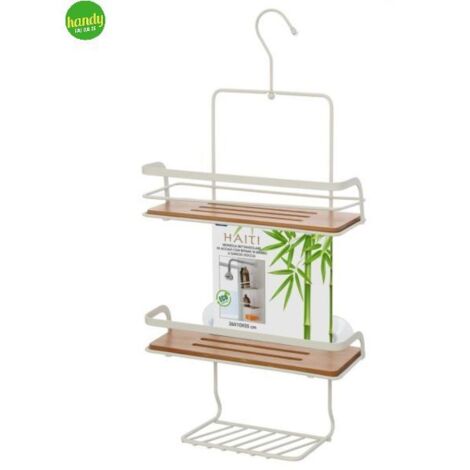 Mensola Con Gancio Da Doccia A 3 Ripiani In Bambù In Acciaio Bianco 26x55x10cm