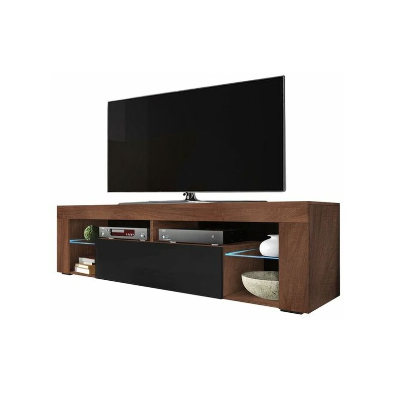 Selsey Bianko - Mueble TV - para la sala de estar - ancho 140 cm - Nogal Aida Tabaco Mate / Negro brillo - con iluminación LED - moderno