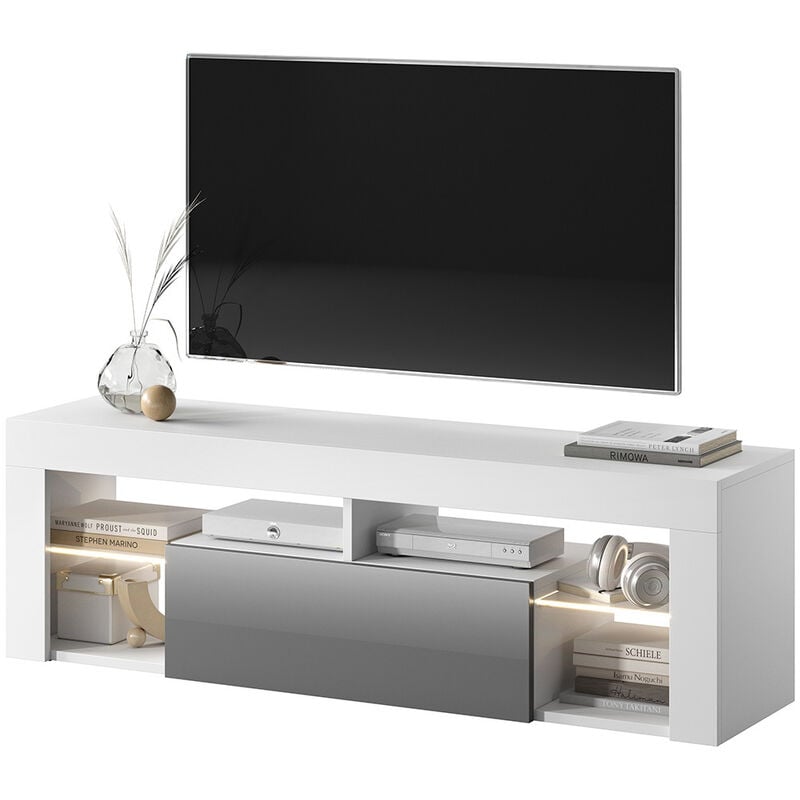 Selsey Bianko - Mueble TV - para la sala de estar - ancho 140 cm - blanco mate / gris brillo - con iluminación LED - moderno