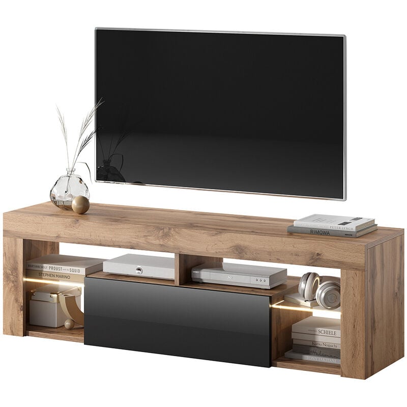 Selsey Bianko - Mueble TV - para la sala de estar - 140 cm de ancho - roble lancaster / negro brillo - con iluminación LED - moderno