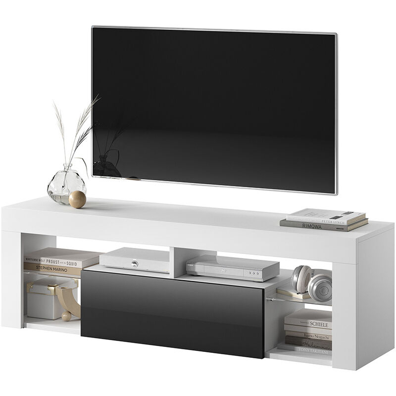 Selsey Bianko - Mueble TV - para la sala de estar - 140 cm de ancho - blanco mate / negro brillante - moderno