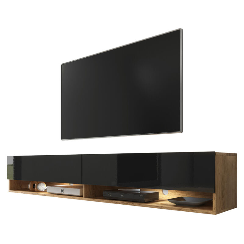 Selsey Wander - Mueble de TV de pie / colgante - 180 cm - roble wotan / negro brillo - con iluminación LED - moderno