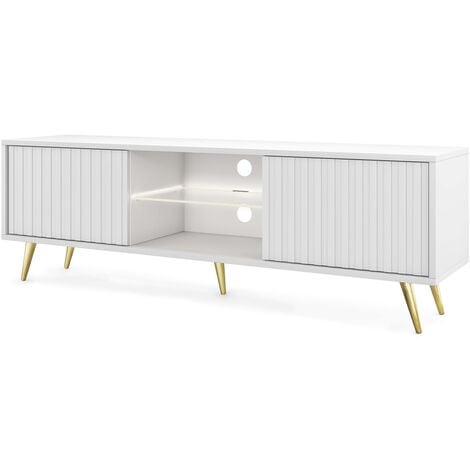 Mueble TV - 160 cm - frontal estriado, blanco con led y patas doradas -  CALVIO