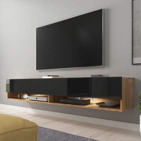 Mueble TV / Mueble de salón - Roble Wotan / Negro brillo - 180 cm