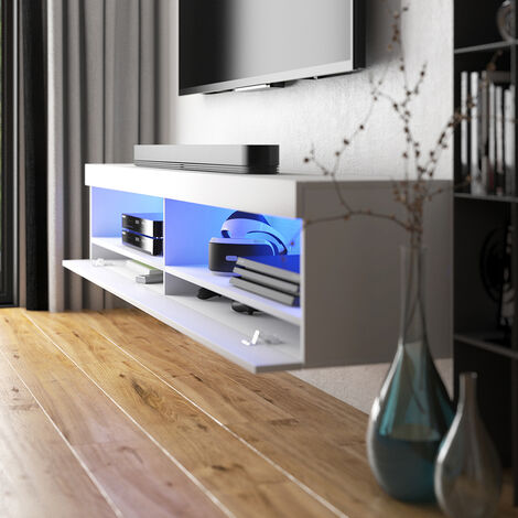 Mueble TV elegante, 200 cm, lacado blanco, iluminación LED