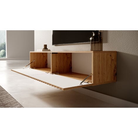 Selsey Telire - Mueble de TV colgante - roble artesano con frente de listones e inserciones negras - 140 cm