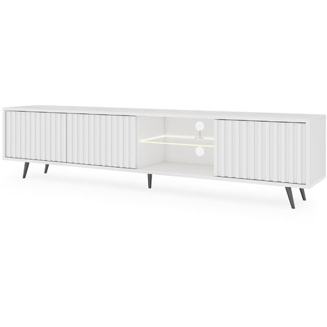 Selsey Bello - Mueble de TV - blanco con frentes de listones y patas de metal negro - LED - 140 cm