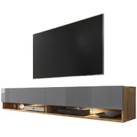 Selsey Wander - Mueble de TV de pie / colgante - 180 cm - roble wotan / gris brillo - con iluminación LED - moderno