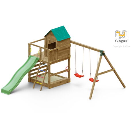 Aire de jeux JARCAS avec plateforme 1,25m, cabane, échelle, bac à sable, toboggan vert, balançoire 2 sièges – Pin sylvestre autoclave classe 3 – Fungoo