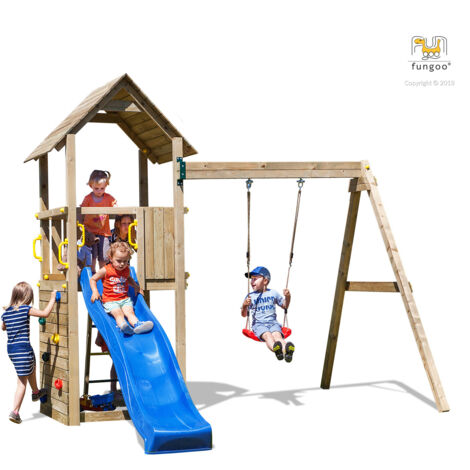 FUNGOO Aire de jeux CAROL 2 avec échelle, toboggan bleu, mur d'escalade, toiture et balançoire simple - Kit sécurité ancrage