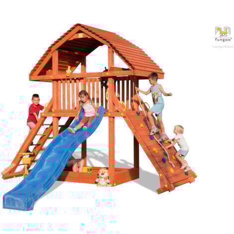 FUNGOO Aire de jeux GIANT ultra robuste et imposante, échelle, rampe de grimpe, avec corde, bac à sable, toboggan bleu & accessoires de jeux - Kit sécurité ancrage au sol fournis