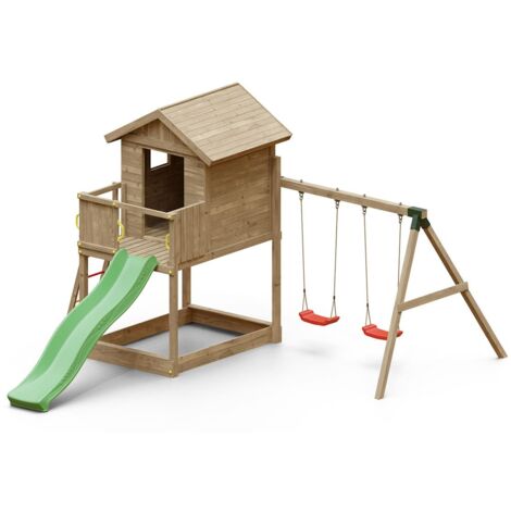 FUNGOO GALAXY S avec large plateforme, échelle, toboggan vert & accessoires, avec balançoire 2 sièges - Kit sécurité ancrage