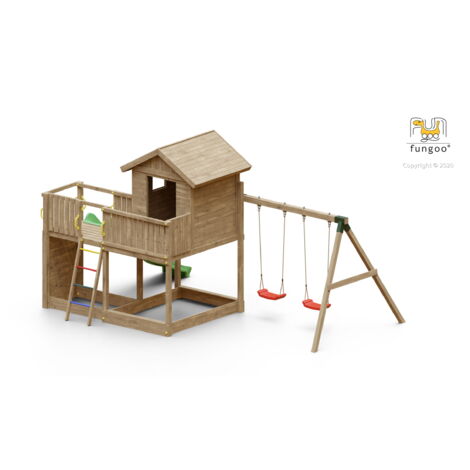 Aire de jeux FUNGOO GALAXY L – Double plateforme avec mur d'escalade, toboggan vert 2,2m, balançoire 2 sièges – Sécurité ancrage bois autoclave (1/8)