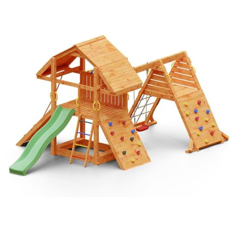 FUNGOO BUFFALO SPIDER, bac à sable,  rampe d'accés avec corde, 2 murs d'escalade, mur de corde, toboggan vert & accessoires de jeux, balançoire 1 siège