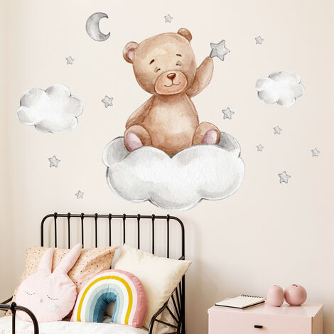 Graz Design Sticker mural décoratif pour chambre d'enfant Motif ours en peluche et lune Rose 