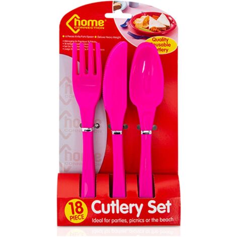PMS 18Pc Knife, Fork & Spoon Plastic Cutlery for Parties, Picnic or Beach, Pink
