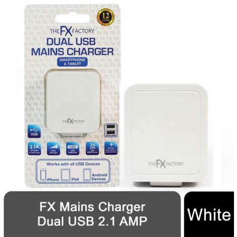 FX Powabud Mains 2 Port USB Or 3 Port USB Charger - 2.1Amp/3.1Amp[2Port USB 2.1Amp - White]