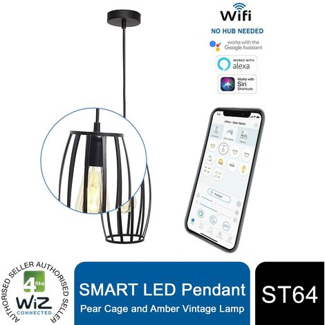 4lite WiZ Connected Smart LED Pendant with Pear Cage & ST64 Amber Vintage Lamp