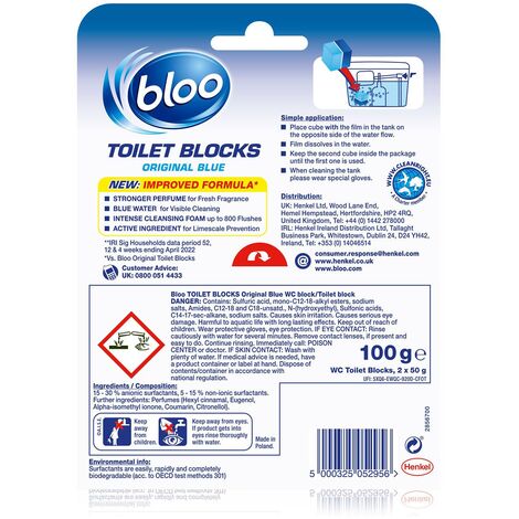 Bloo Toilet Rim Blocks Original Blue Clean+Fresh with Fresh Fragrance, 2x50g
