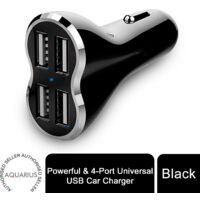 Aquarius Powerful & 4-Port Universal USB Car Charger Black