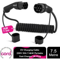 Cord Coiled 7.5m EV Charging Cable 230V 32A 7.4kW Portable Fast Charger UK Plug