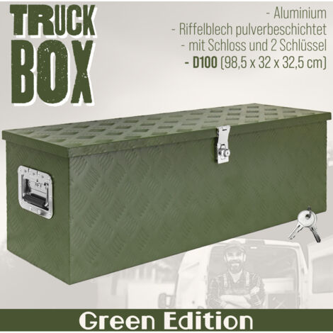 Boîte à Timon Vert Boîte à outils Caisse de camion Boîte en Aluminium Box de remorque avec couvercle Verrouillable Boîte de Transport Rangement D100 trucky