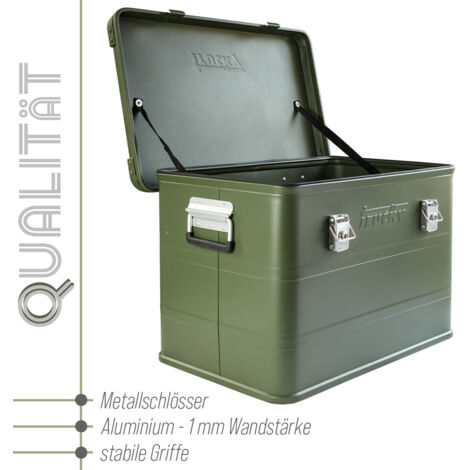 Boîte en aluminium avec couvercle Vert 75 litres Boîte en métal Boîte de transport Boîte de rangement Verrouillable trucky