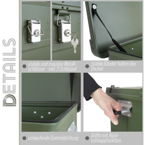 Boîte en aluminium avec couvercle Vert 75 litres Boîte en métal Boîte de transport Boîte de rangement Verrouillable trucky